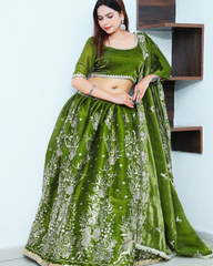 Shamrock Green Lehenga Set with Golden Zari Machine Embroidery