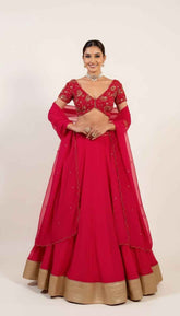 Lust Red Lehenga Set with Golden Beads and Sequin Embroidery