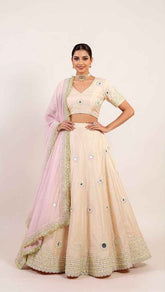 Coral Peach Pink Lehenga Set with Mirror and Beads Embroidery