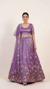 Iris Purple Lehenga Set with Thread Machine Embroidery