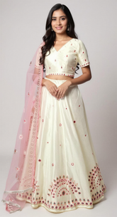 Off White Lehenga Set with Pink Dupatta with mirror & thread embroidery work