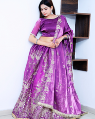 Plum Purple Lehenga Set with Light Golden Thread Machine Embroidery