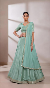 Emerald Cool Green Lahanga Set with Minimistic Beads and Sequin Embroidery work