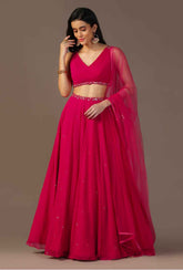 Chinon Plain Red Lehenga Set with Minimalisic Hand Work