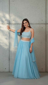 Ice Blue Lehenga Set with Beads Embroidery Hand Work
