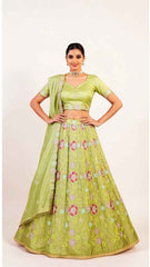 Lime Mint Green Lehenga Set with Thread Machine Embroidery Work