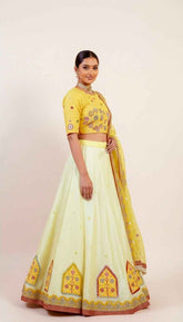 Bright Yellow and Off White Lehenga Set with Sequin Hand Embroidery