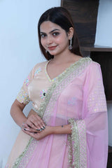 Coral Peach Pink Lehenga Set with Mirror and Beads Embroidery
