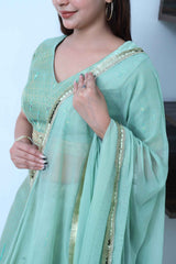 Emerald Cool Green Lahanga Set with Minimistic Beads and Sequin Embroidery work