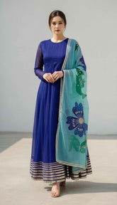 Royal Blue Anarkali Suit Set With Handpainted with embroidery Dupatta