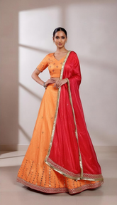 Dark Orange with Red Dupatta Lehenga Set with Glass thread Embroidery work