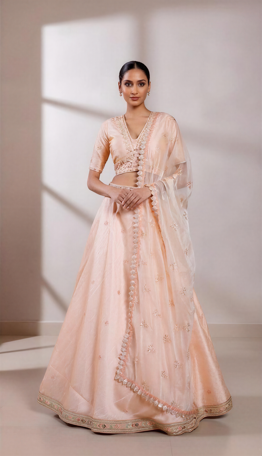 Peachy Pink Lehenga set with Hand embroidered sequin work