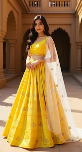 Bright Sunny Yellow lehenga set with golden zari embroidery work
