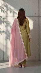 Olive Green Suit Set with Pink Dupatta with Gota Patti Work