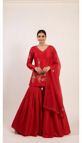 Vibrant Red with Gold Sequins Work Sharara Set
