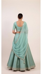 Emerald Cool Green Lahanga Set with Minimistic Beads and Sequin Embroidery work