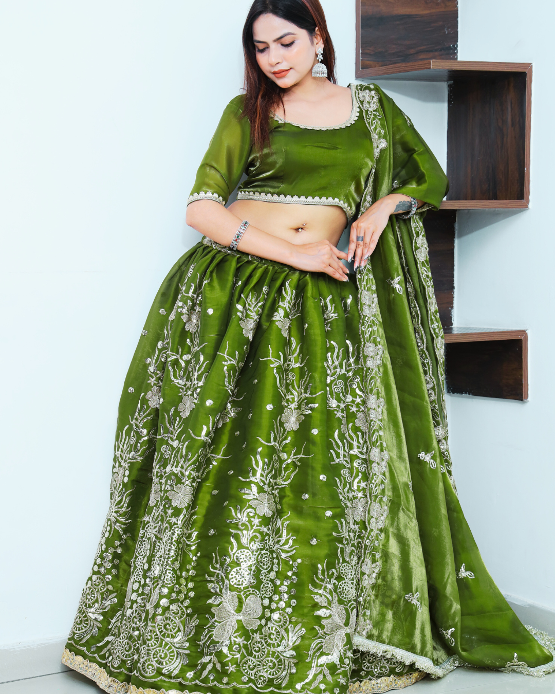Shamrock Green Lehenga Set with Golden Zari Machine Embroidery