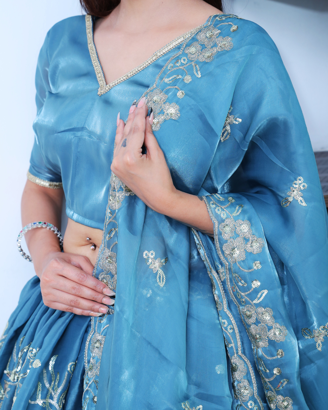 Ocean Blue Lehenga Set with Light Gold Zari Machine Embroidery work