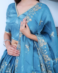 Ocean Blue Lehenga Set with Light Gold Zari Machine Embroidery work