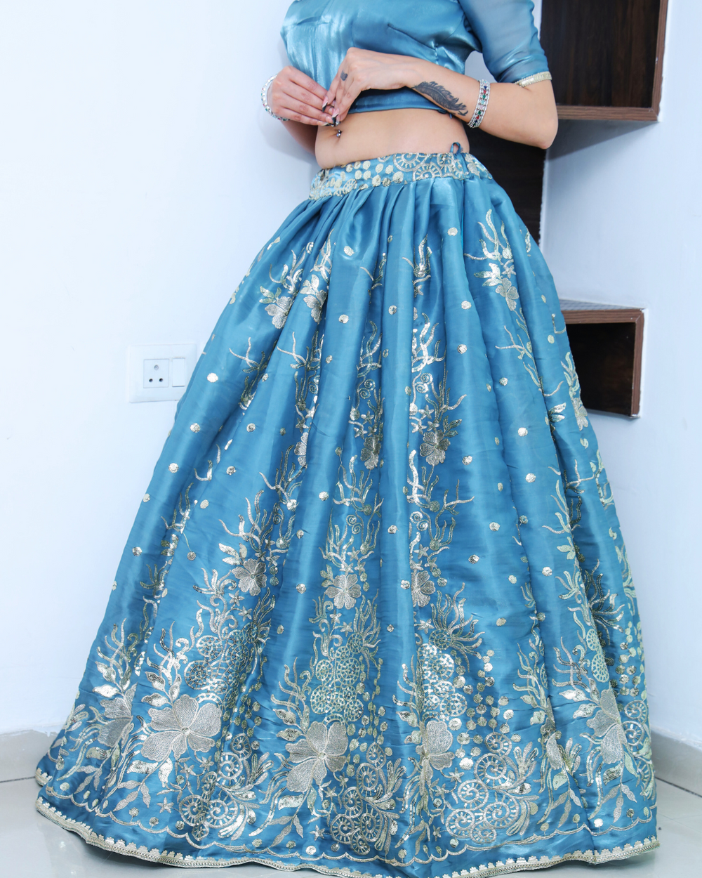 Ocean Blue Lehenga Set with Light Gold Zari Machine Embroidery work