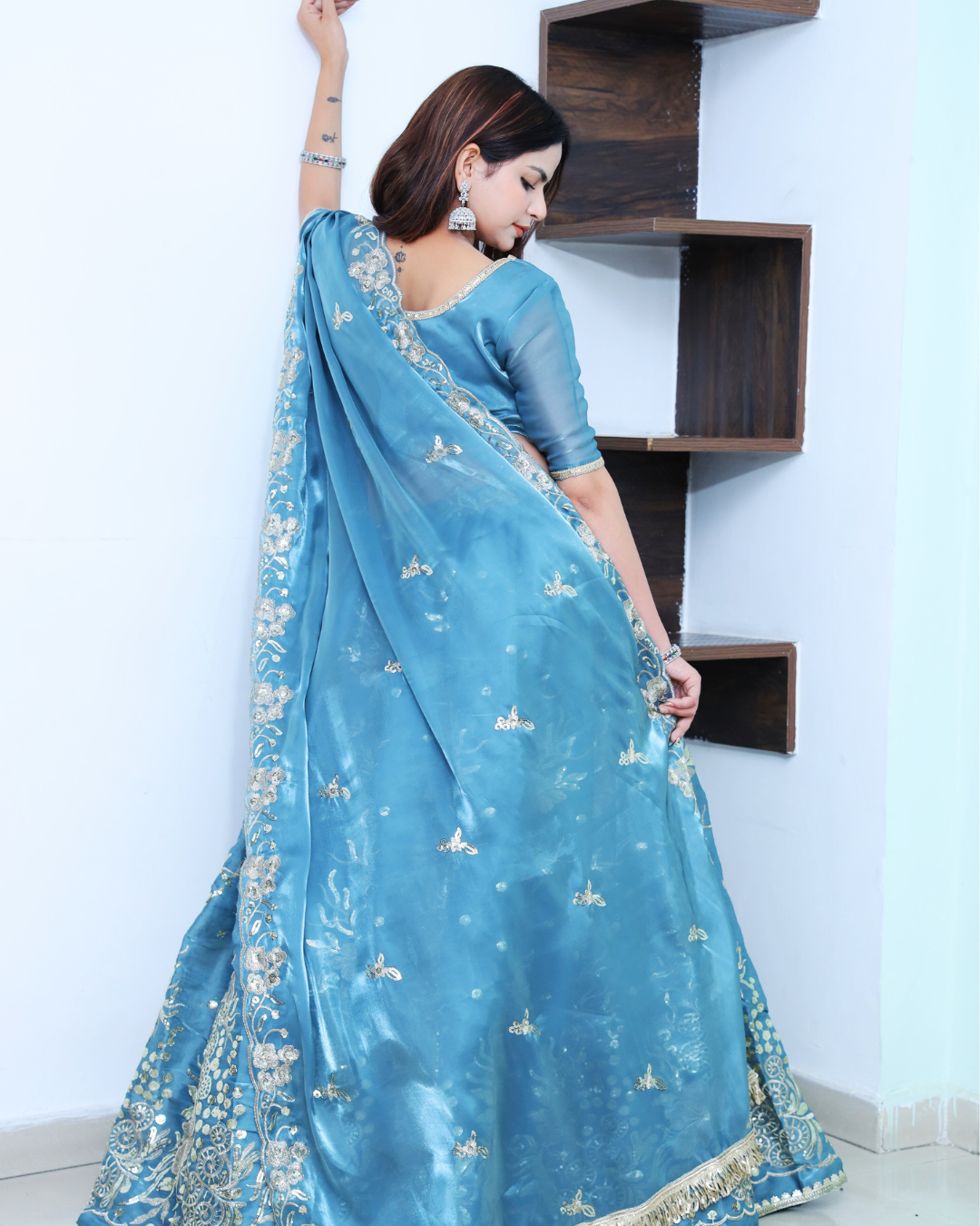 Ocean Blue Lehenga Set with Light Gold Zari Machine Embroidery work