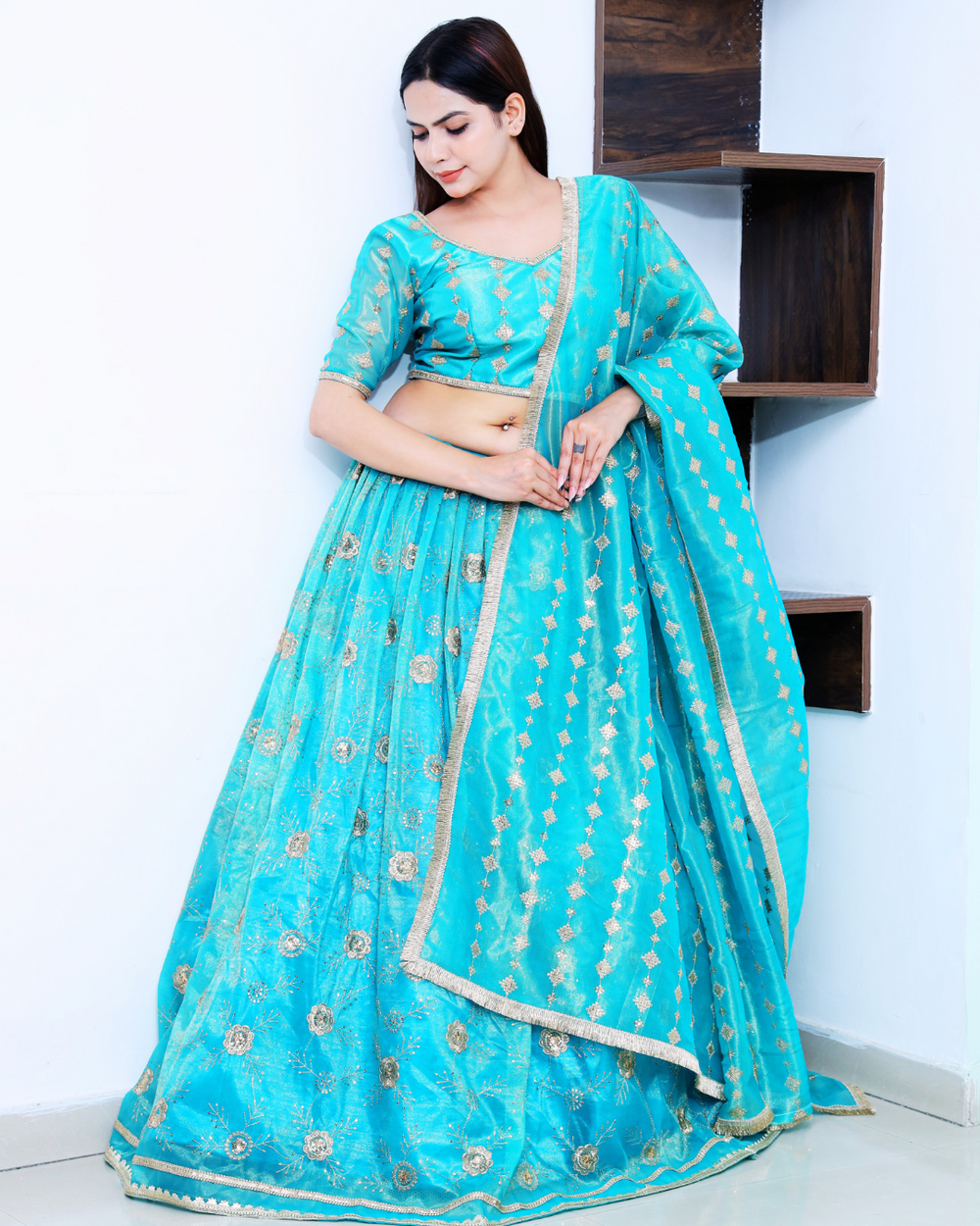 Turquoise Blue Lehenga Set with Light Gold Zari Embroidery work