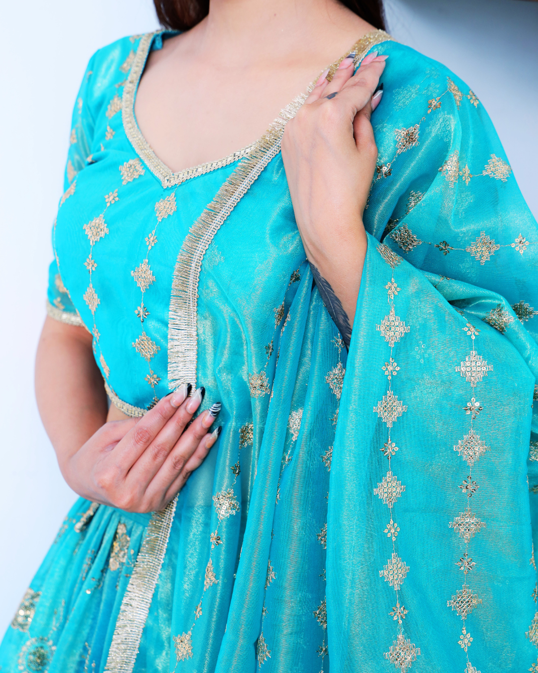 Turquoise Blue Lehenga Set with Light Gold Zari Embroidery work
