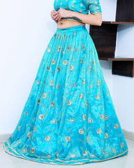 Turquoise Blue Lehenga Set with Light Gold Zari Embroidery work