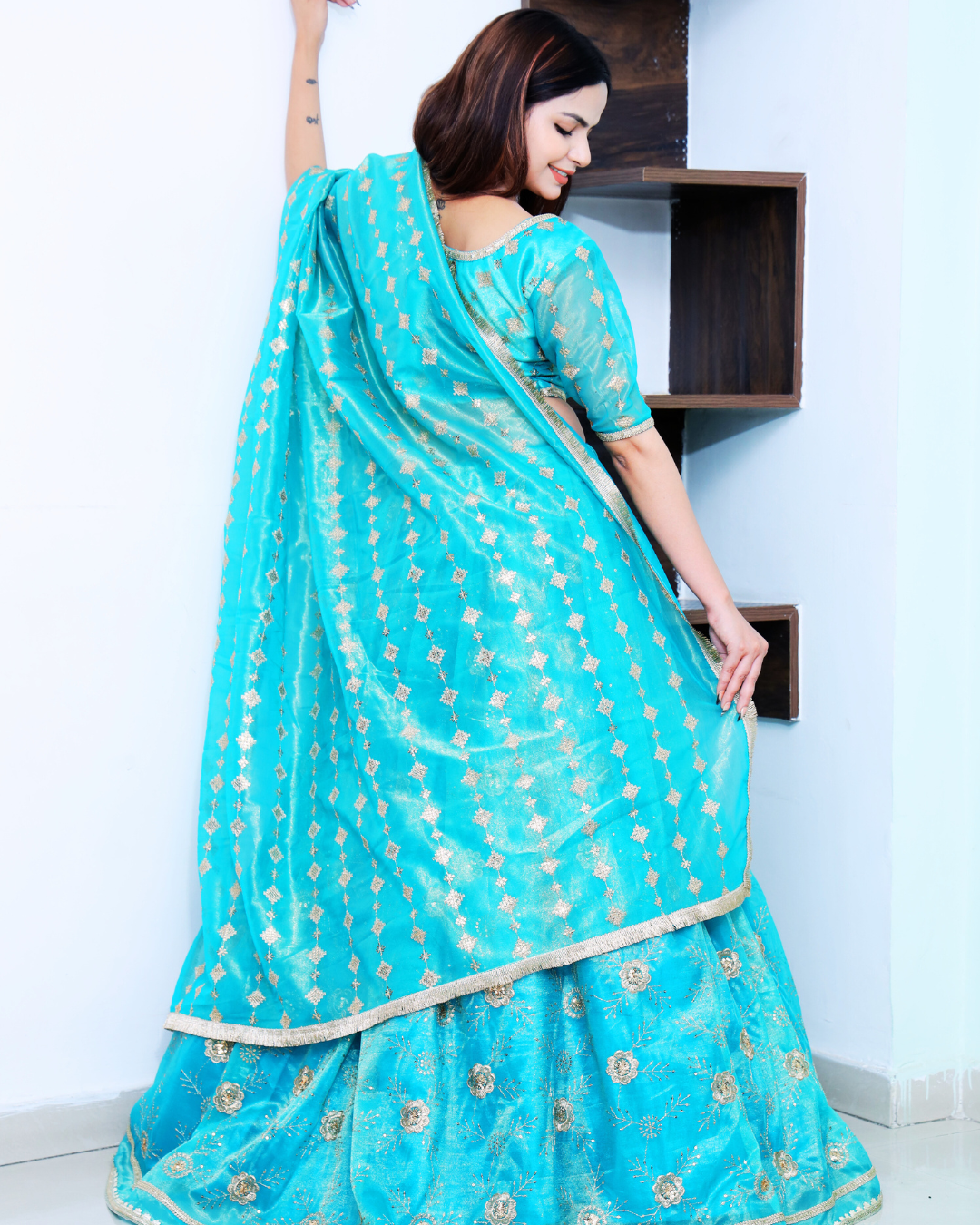 Turquoise Blue Lehenga Set with Light Gold Zari Embroidery work