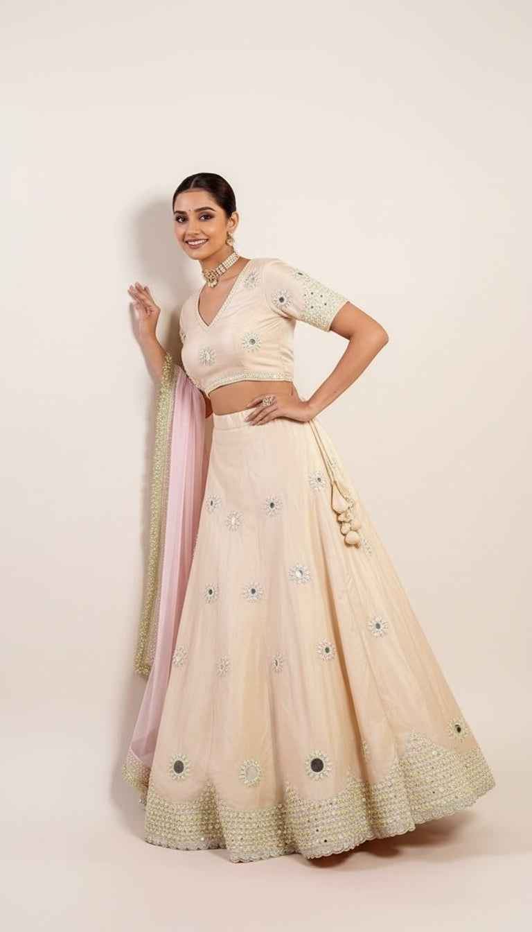 Coral Peach Pink Lehenga Set with Mirror and Beads Embroidery