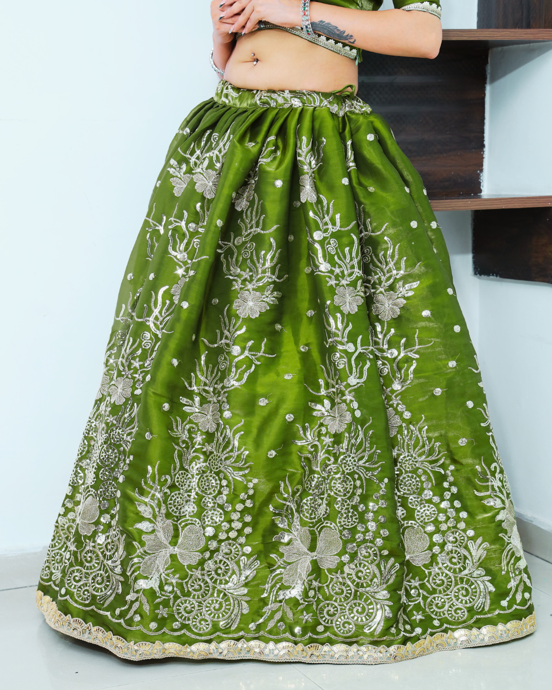 Shamrock Green Lehenga Set with Golden Zari Machine Embroidery