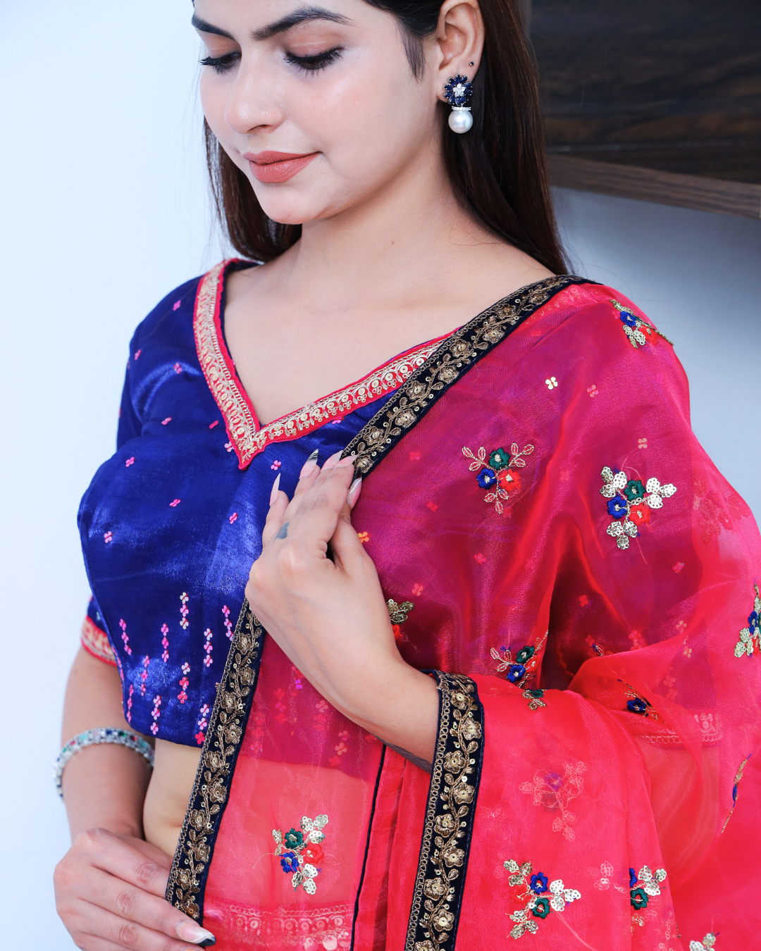 Royal Blue with Magenta Pink Lehenga Set with Hand Sequins Embroidery