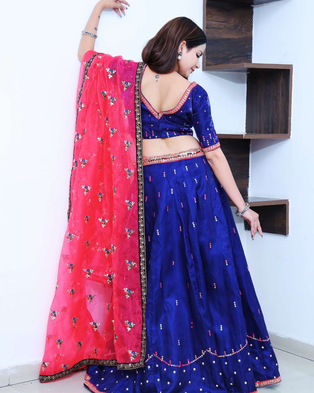 Royal Blue with Magenta Pink Lehenga Set with Hand Sequins Embroidery