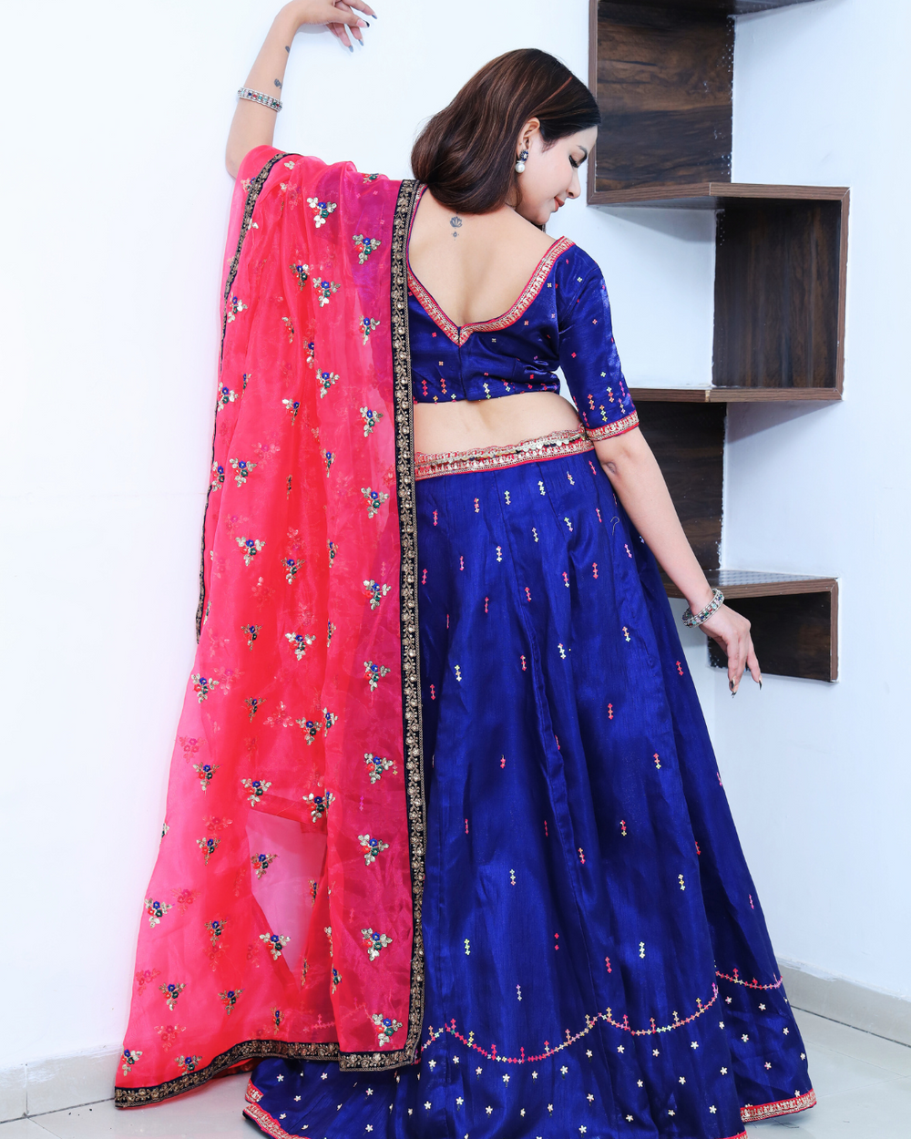 Royal Blue with Magenta Pink Lehenga Set with Hand Sequins Embroidery