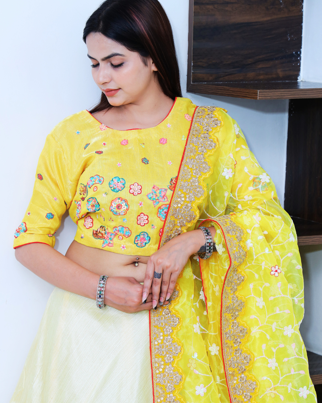 Bright Yellow and Off White Lehenga Set with Sequin Hand Embroidery