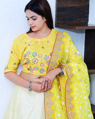 Bright Yellow and Off White Lehenga Set with Sequin Hand Embroidery