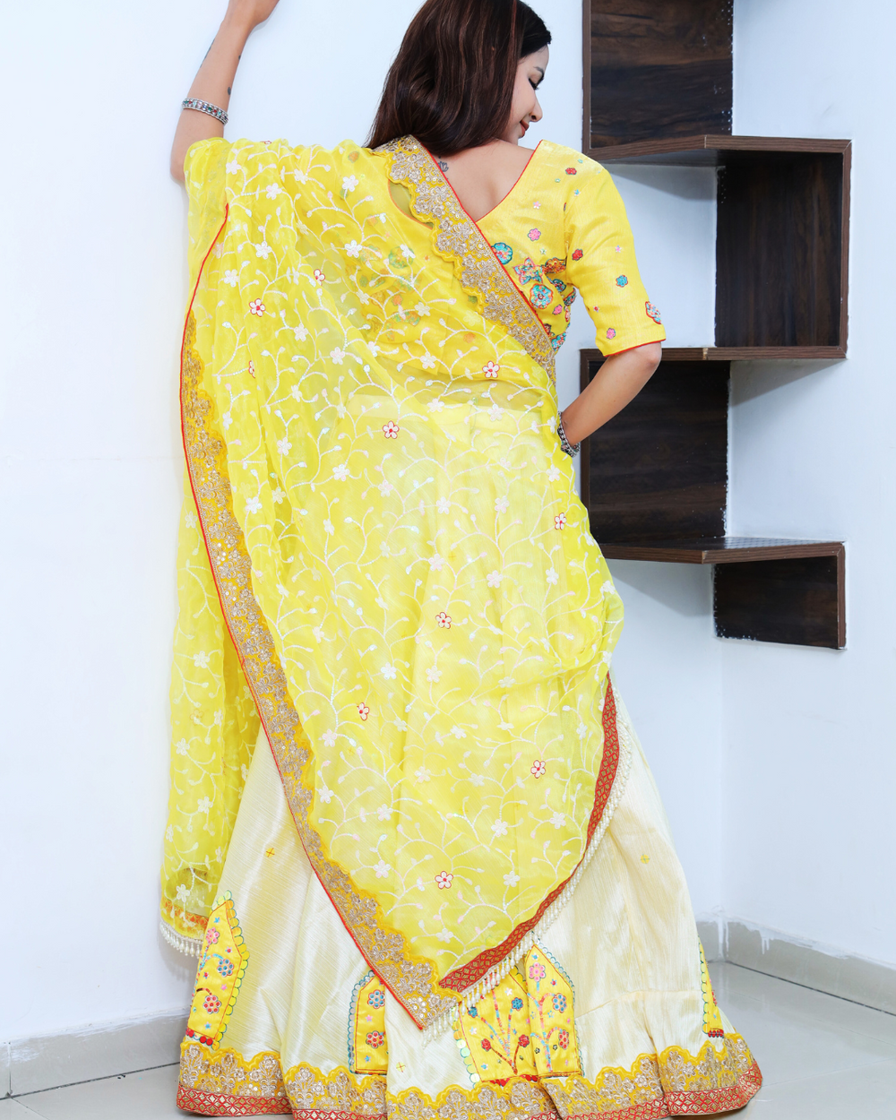 Bright Yellow and Off White Lehenga Set with Sequin Hand Embroidery