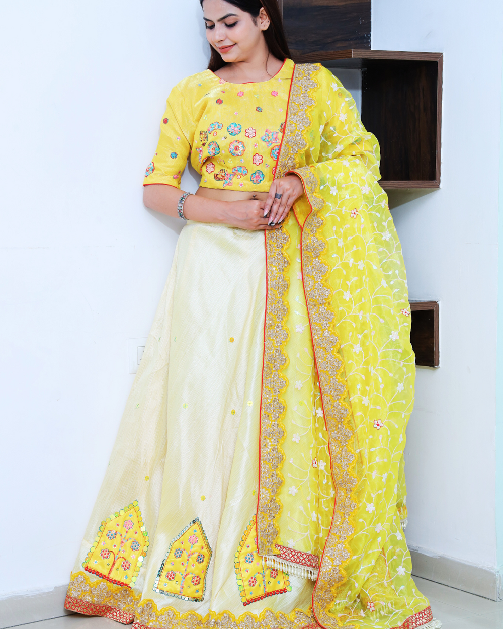 Bright Yellow and Off White Lehenga Set with Sequin Hand Embroidery