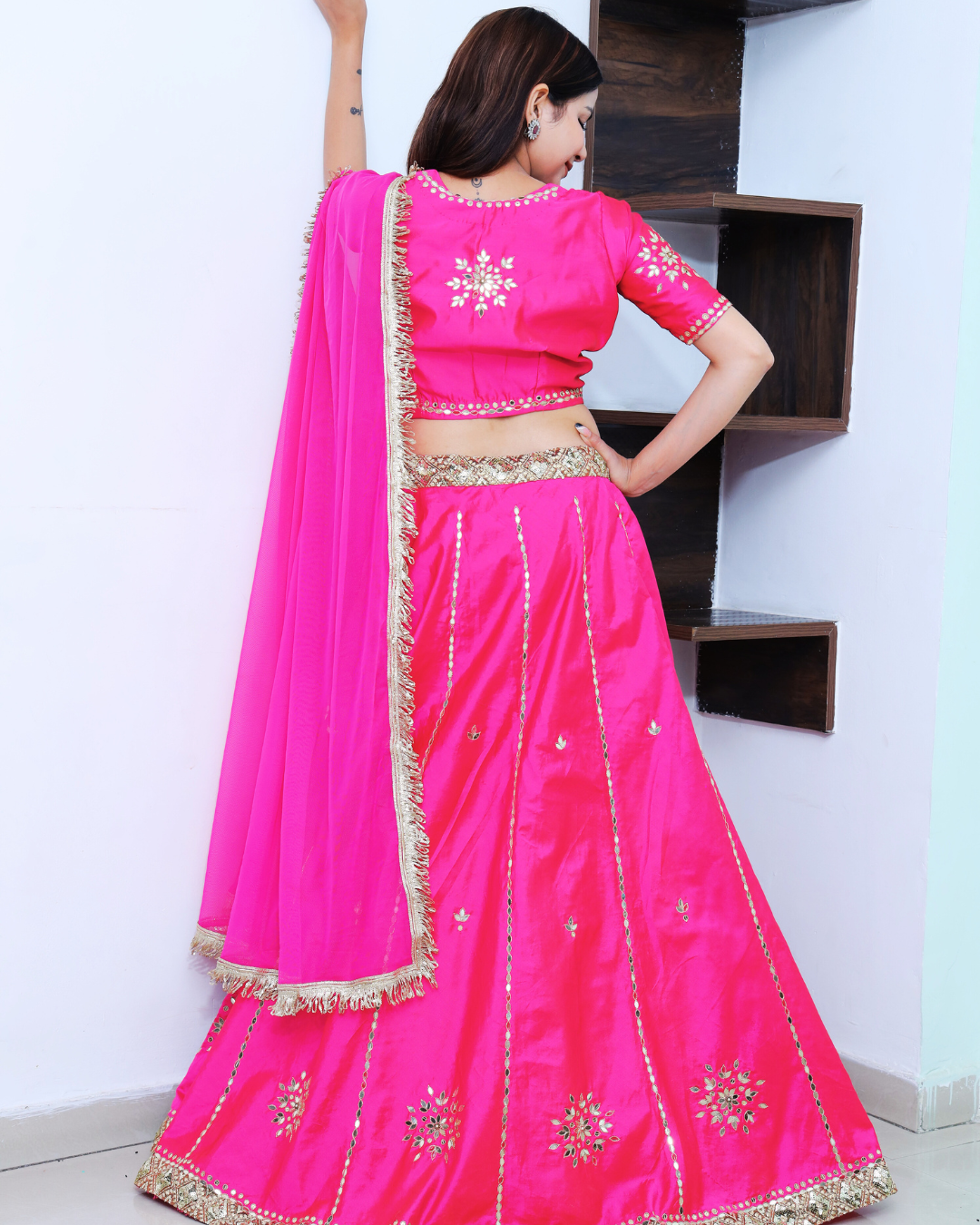 Hot Pink Lehenga Set with Golden Sequin wok