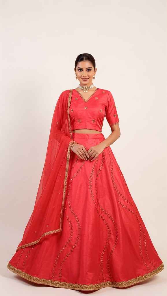 Sunrise Red Lehenga Set with Golden Sequin and Beads Handwork