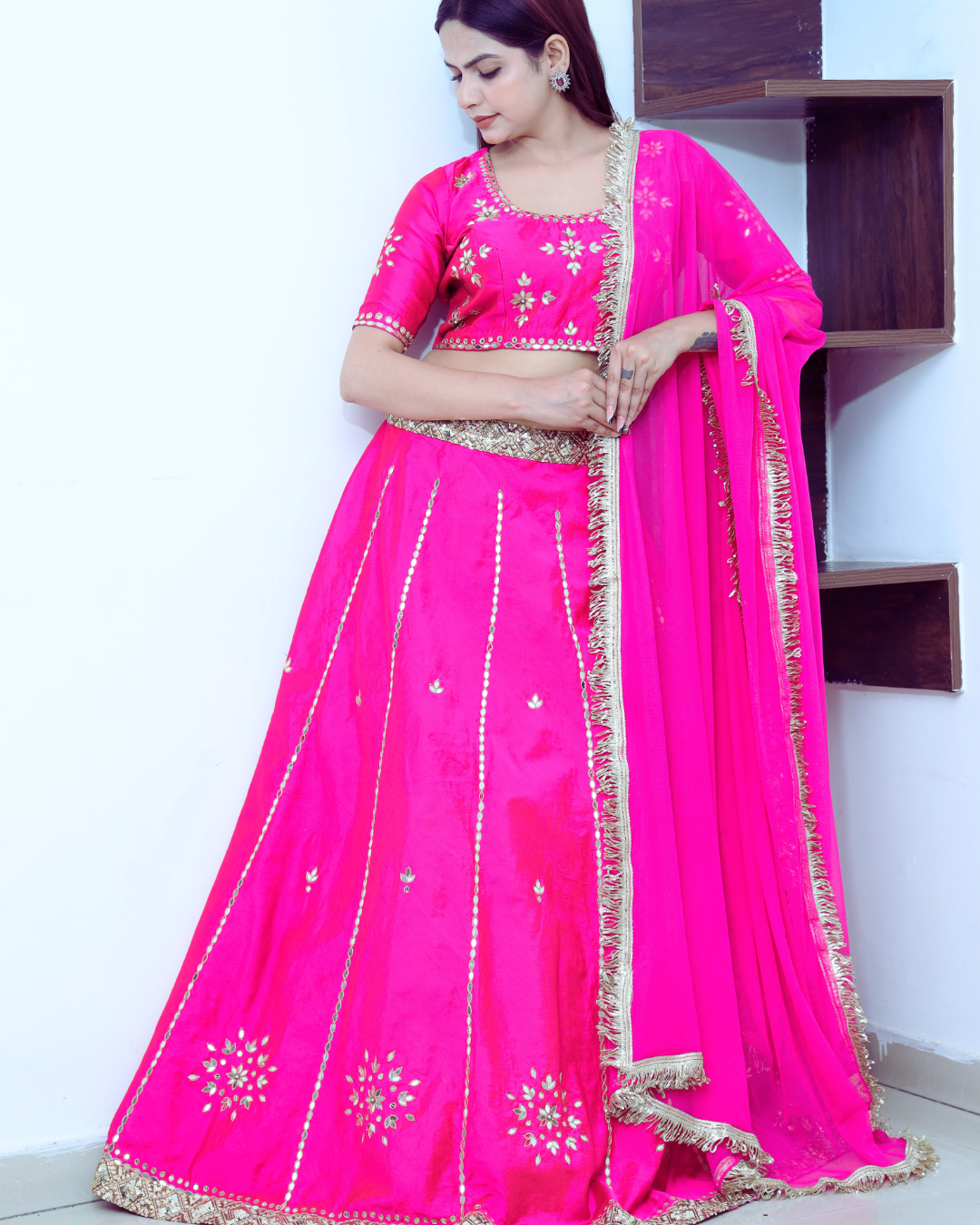 Hot Pink Lehenga Set with Golden Sequin wok