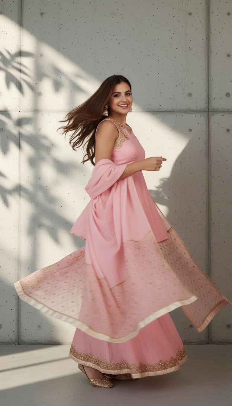 Baby Pink Sharara Set with Dupatta with Hand Embroidery Work