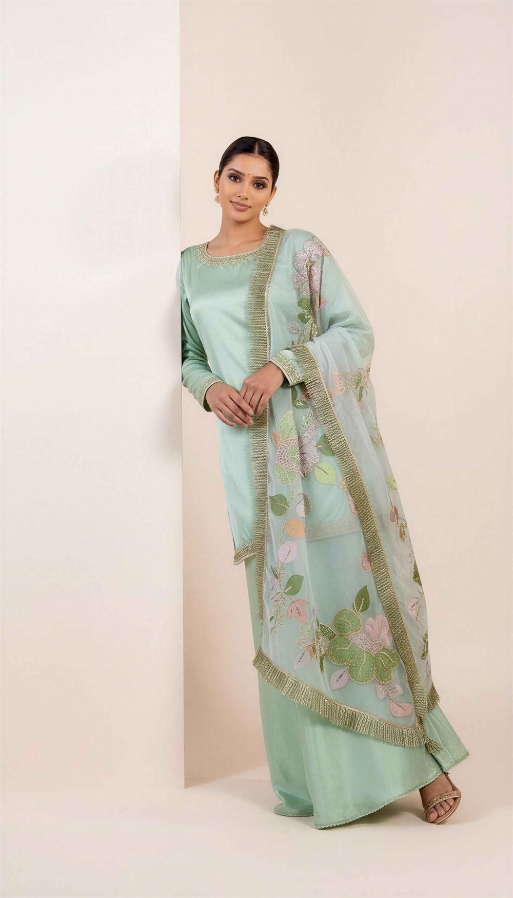 Mint Green Sharara Set With Hand painted Dupatta