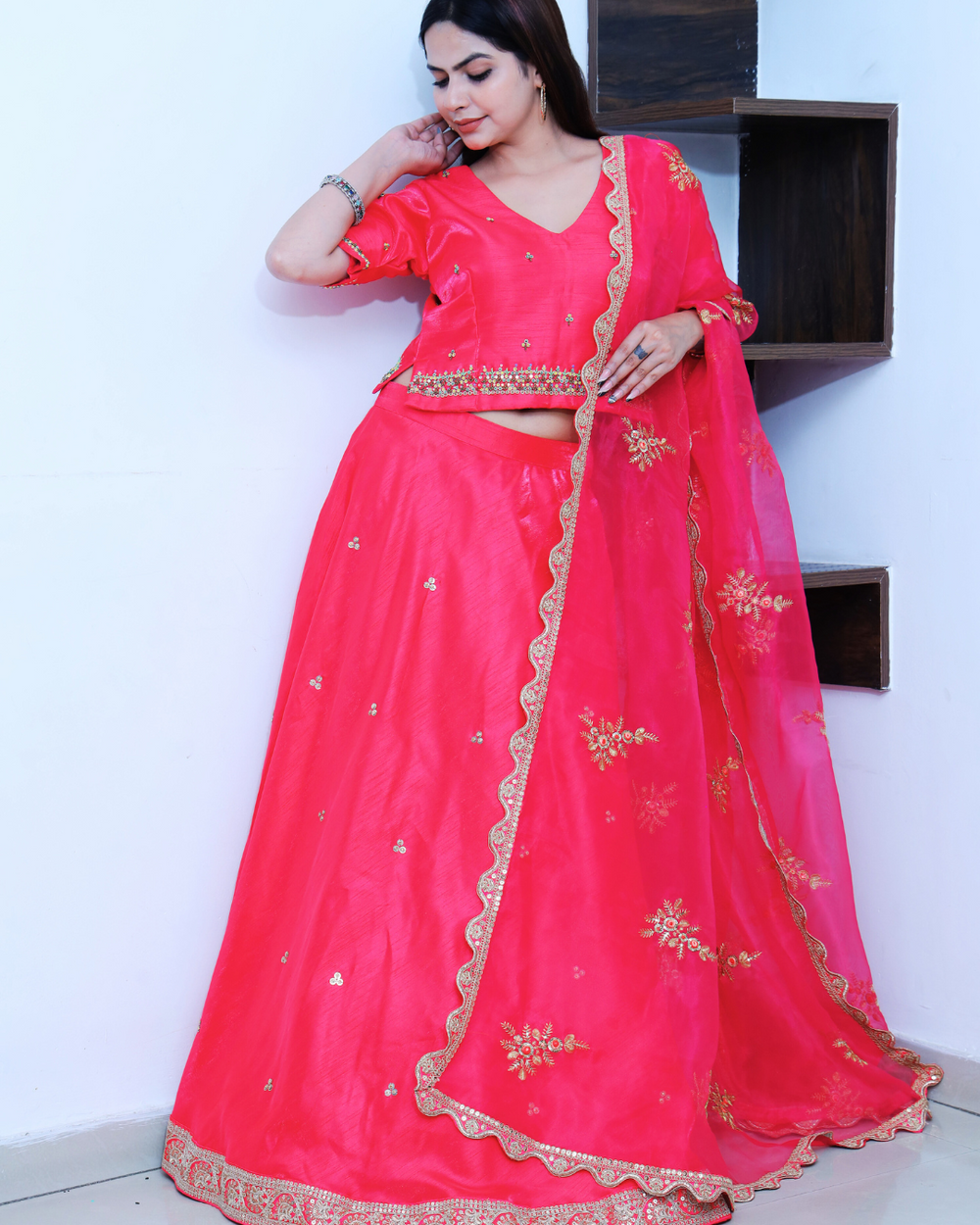 Crimson Pink Lehenga Set With Beads and Sequins Hand Embroidery