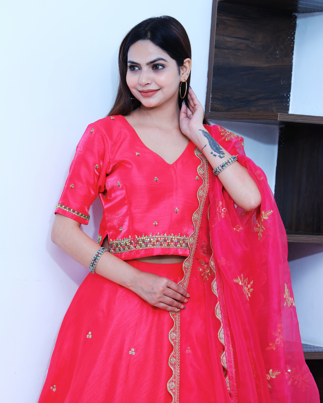 Crimson Pink Lehenga Set With Beads and Sequins Hand Embroidery