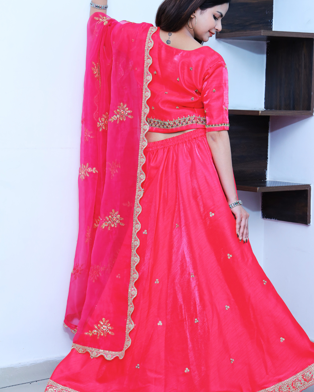 Crimson Pink Lehenga Set With Beads and Sequins Hand Embroidery
