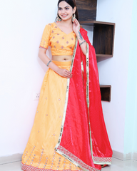 Dark Orange with Red Dupatta Lehenga Set with Glass thread Embroidery work