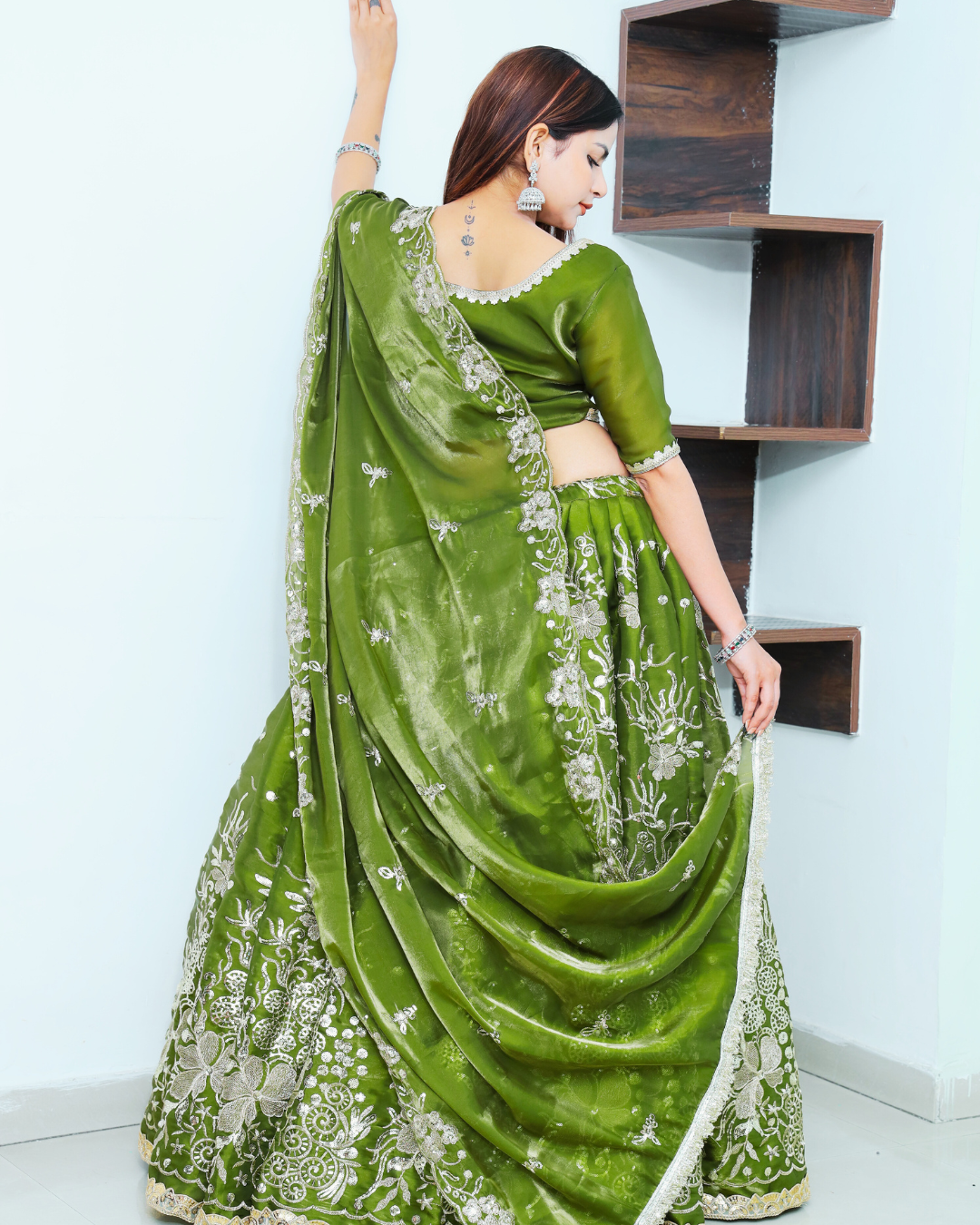 Shamrock Green Lehenga Set with Golden Zari Machine Embroidery