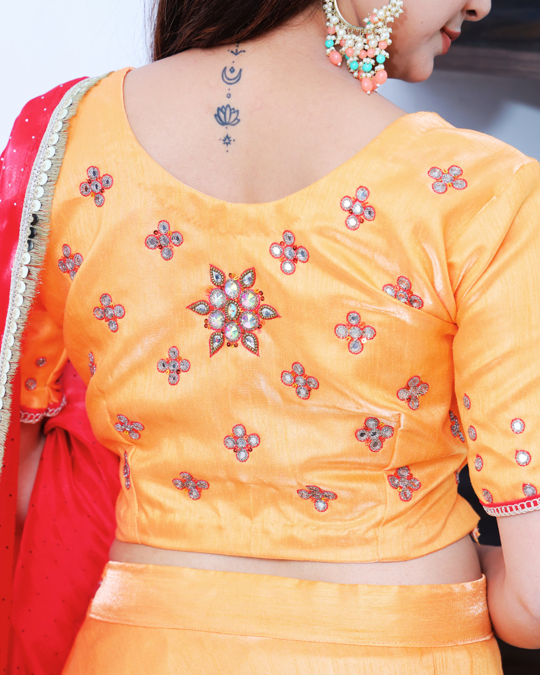 Dark Orange with Red Dupatta Lehenga Set with Glass thread Embroidery work
