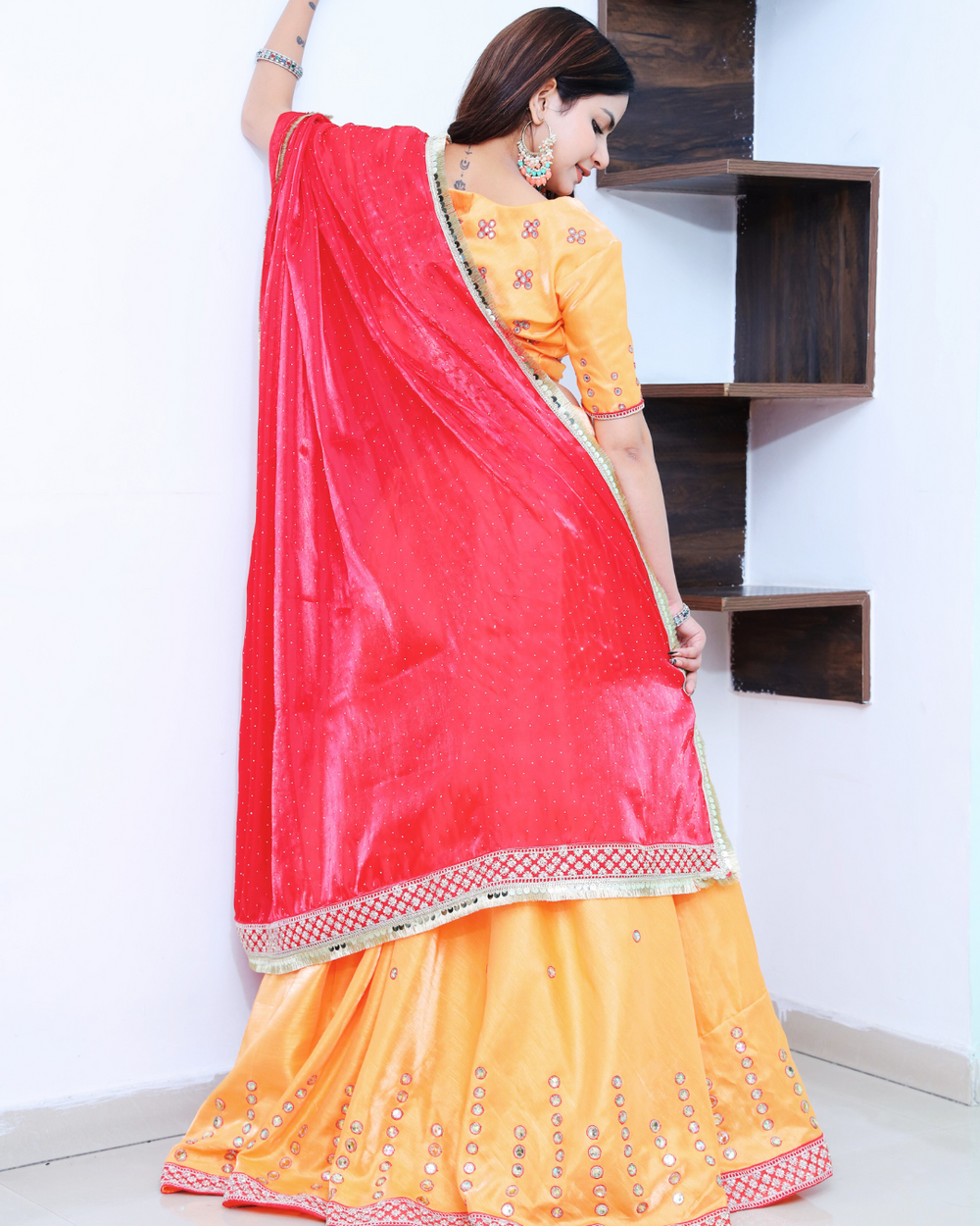 Dark Orange with Red Dupatta Lehenga Set with Glass thread Embroidery work